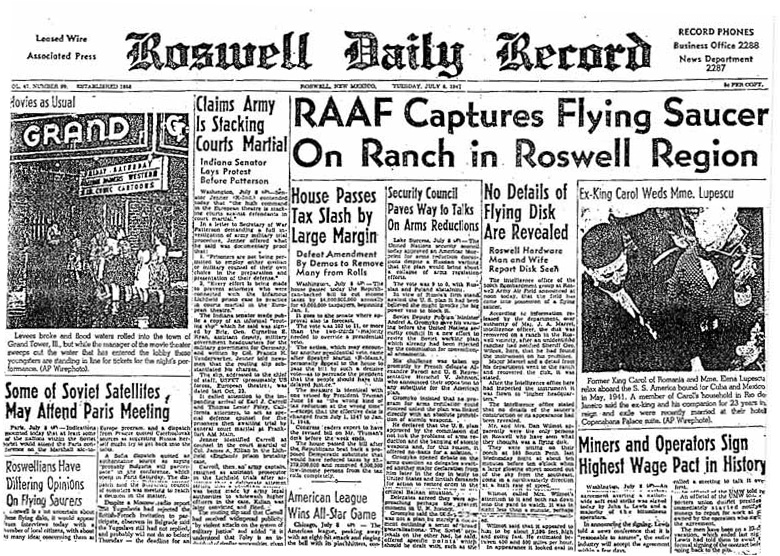 Roswell Daily Record, July 8, 1947, announcing the "capture" of a "flying saucer.